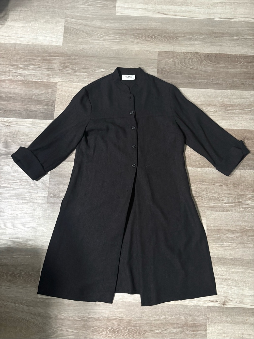 DR Women’s Black Longline Duster Jacket Button Front 3/4 Sleeve Minimalist